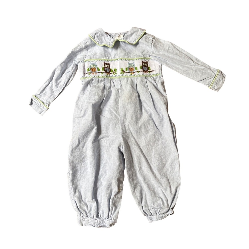 Shrimp and Grits Kids Romper Boys Blue Smocked Owl Gingham SIZE 18M